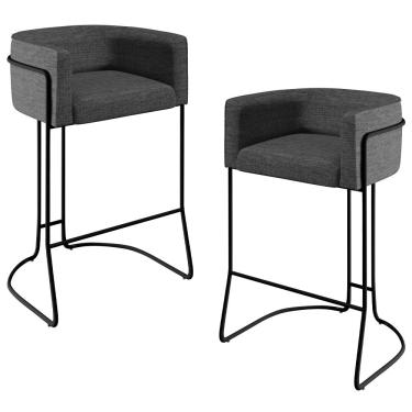 Imagem de Kit 02 Banquetas Decorativas Fixa Base de Aço Preto Betina D02 Linho Cinza C-416- Lyam Decor