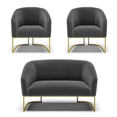 Imagem de Sofá Namoradeira E 2 Poltronas Base Industrial Dourado Stella Bouclê D03 - D'rossi Cor Grafite