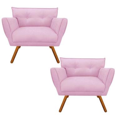 Imagem de Kit 02 Poltronas Anitta Suede Rosa Bebê Pés Palito Castanho