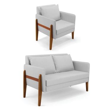 Imagem de Kit 1 Sofá Namoradeira E 1 Poltrona Lana Linho Cinza A05 Base De Madeira - D'rossi