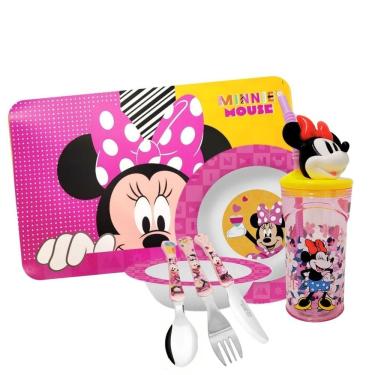 Imagem de Kit Refeição Infantil Minnie 7 Peças Melamina Prato, Tigela, Copo, Lugar Americano e Talheres