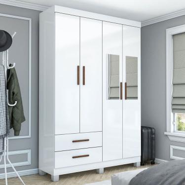 Imagem de Guarda-Roupa Solteiro Solo 4 Portas 2 Gavetas com Pés e Espelho Branco - Pnr Móveis