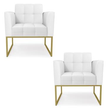 Imagem de Kit 2 Poltronas Elisa Corino Branco Base Metálica Industrial Dourado - D'Rossi