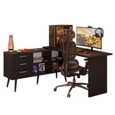 Imagem de Escrivaninha Em L Mesa Para Computador Gamer 3 Gavetas Preto Lisboa Madesa