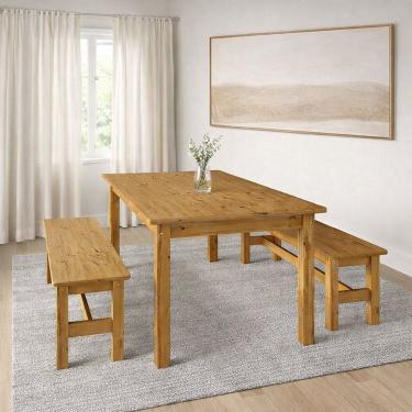 Imagem de Conjunto Sala de Jantar Mesa 180cm e 2 Bancos Madeira Maciça Ventimiglia Nogueira