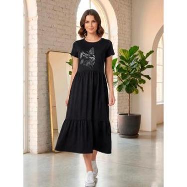Imagem de Vestido Midi Três Marias Feminino Aveloz Estampa Gato Preto-Feminino