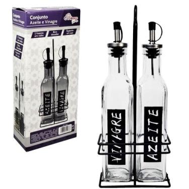 Imagem de Conjunto Galheteiro Para Azeite E Vinagre 2 Garrafas Com Suporte 270ml