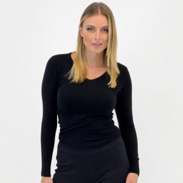 Imagem de Blusa de Lã Blue Rose Básica Gola V Feminina, G, Preto