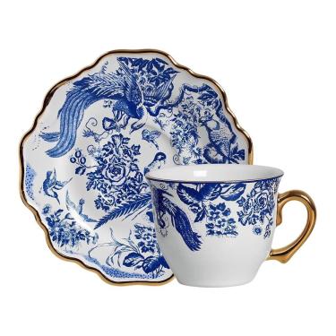 Imagem de Xícara de Chá com Pires Faisão 200ML de Cerâmica Fio Dourado para Bebidas Quentes Azul Floral Cerâmica Scalla