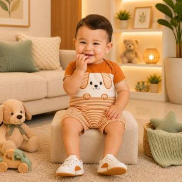Imagem de Macaquinho Bebê Menino Kyly Algodão Cachorrinho, P, Laranja