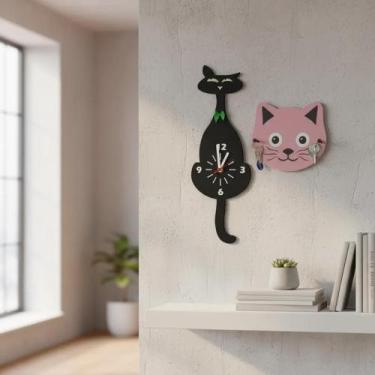 Imagem de Relógio de Parede Criativo Gato com Pêndulo e Porta Chaves - Genérica