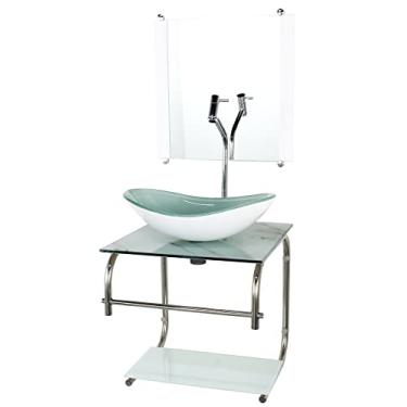 Imagem de GABINETE DE VIDRO CUBA OVAL 40CM INOX MARMORE BRANCO COM TORNEIRA CROMADA