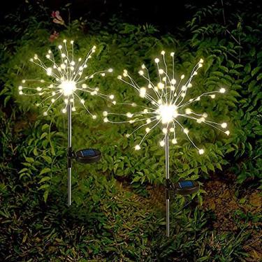Imagem de Yajun Luzes solares de LED para fogos de artifício, 8 modos de flash, ornamentos de jardim ao ar livre para decoração de festa de Natal, gramado, pátio, gramado, 2 peças, branco quente, 90 LED