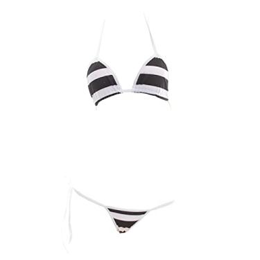 Imagem de SINMIUANIME Women Japanese Style Anime Lingerie Sexy Blue/Pink Striped Micro Bikini Cosplay Bra and Panty Set (497Black)