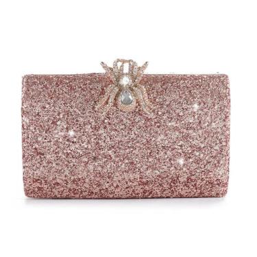 Imagem de Bolsa clutch feminina com lantejoulas para festa de casamento com corrente de pérolas bolsa de mão com cadeado para noite, rosa, M