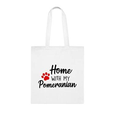 Imagem de Home With My Pomeranian Tote Bag, presente para cachorro da Pomerânia, presente para cachorro da Pomerânia, aniversário de cachorro da Pomerânia bolsa de ombro para cachorro da Pomerânia, bolsa reutilizável para cachorro da Pomerânia, Branco
