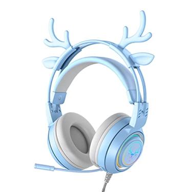 Imagem de RGB Wired Deer Ear fone de ouvido com microfone, fofo jogo de 3,5 mm de ouvido para namorada blue