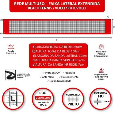 Imagem de Rede Multiuso Zaka Volei Beach Futevolei com banda lateral Vermelha 9,60m x 1m