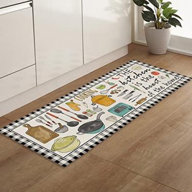 Imagem de Tapete de corredor, utensílios de cozinha padrão decoração de cozinha preto Buffalo xadrez antiderrapante corredor tapete de porta tapete baixo tapete para entrada cozinha lavanderia quarto 45 cm x 137 cm