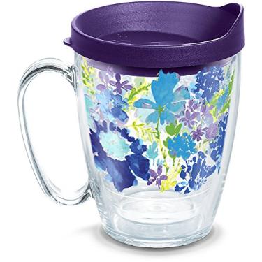 Imagem de Tervis Copo térmico de parede dupla feito nos EUA mantém as bebidas frias e quentes, caneca de 473 ml - tampa roxa, floral roxo