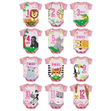 Imagem de Body de Bebê Mesversario Safari Rosa Kit com 12 Bodies de 1 a 12 Meses P ao GG