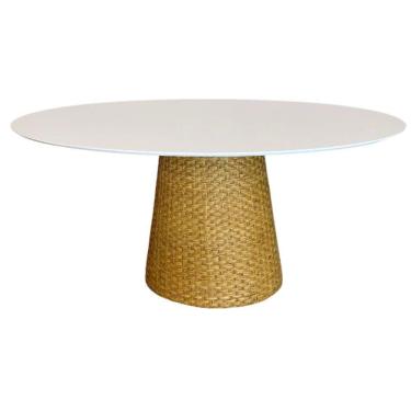 Imagem de Mesa De Jantar Cone Oval 120x80 Cm Tampo Laca Branca Base Fibra Natural Cor Mocassim