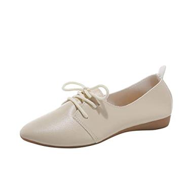 Imagem de Moda feminina cor sólida couro pontiagudo cadarço fundo macio raso sapatos casuais femininos sapatos de plataforma casuais, Bege, 6.5