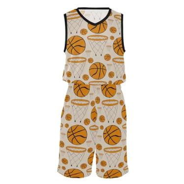 Imagem de GuoChe Camiseta de basquete juvenil e shorts de basquete anéis e bolas laranja juvenil basquete camisetas esportivas para homens, Anéis e bolas de basquete laranja, X-Small