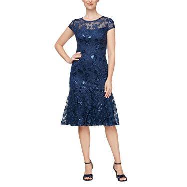 Imagem de Alex Evenings Vestido feminino longo bordado para coquetel, convidada de casamento, vestido de festa (tamanho pequeno e regular), Manga cavada azul-marinho, 44