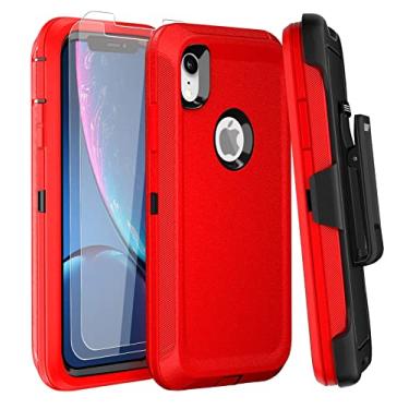 Imagem de Capa para iPhone XR Capa de 6,1 polegadas com clipe de cinto com 2 protetores de tela de vidro temperado, capa de telefone à prova de quedas, capa protetora de corpo inteiro resistente (vermelho preto