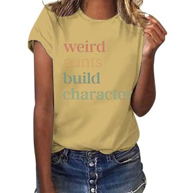 Imagem de Camiseta feminina Weird Aunts Build Personagem 2024 Verão Casual Manga Curta com Provérbios Blusa básica leve, Amarelo, M
