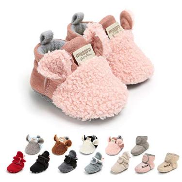 Imagem de Pantufas infantis para meninos e meninas aconchegantes botas de lã macias com calcinha quente e desenho animado sapatos para recém-nascidos, A-pink, 6-12 Months Infant