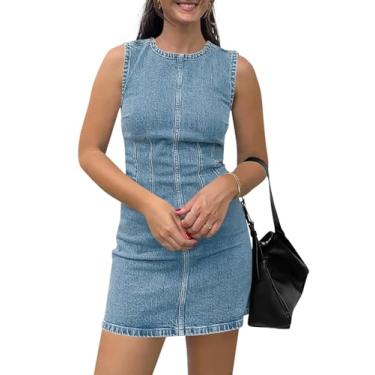 Imagem de Wenrine Minivestido jeans feminino casual sem mangas gola redonda verão vestido regata, Azul claro, P