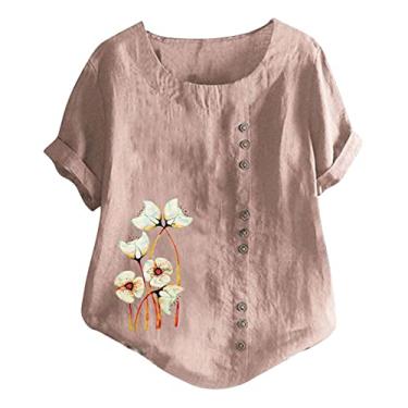 Imagem de Camiseta feminina de linho com estampa floral, manga curta, gola redonda, botão, túnica folgada para o verão, Vermelho #1, P