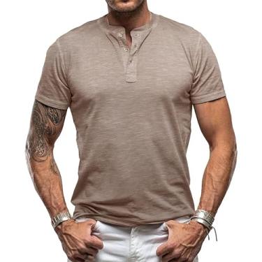 Imagem de OBEEII Camiseta masculina Henley com botão de manga curta casual de verão, Caqui, XXG