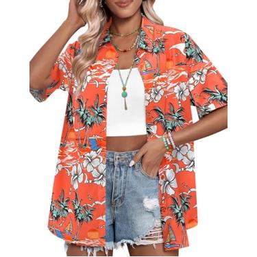 Imagem de HOTOUCH Camisas havaianas femininas de botão casual floral tropical camisa manga curta verão praia camisa 2024, Havaí, laranja, M