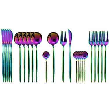Imagem de Conjunto de talheres de prata JASHII, conjunto de talheres de aço inoxidável com 24 peças, serviço de utensílios de cozinha para 6, conjunto de talheres de mesa para casa e restaurante, lavável na lava-louças, Rainbow