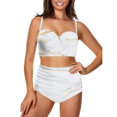 Imagem de GETELINSENG Biquíni feminino de duas peças com controle de barriga, Mármore branco dourado, P