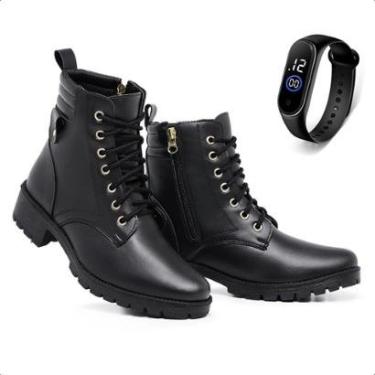 Imagem de Kit Bota Militar Casual Feminina Coturno Botinha Preta Cano Curto Zíper Confortável + R...