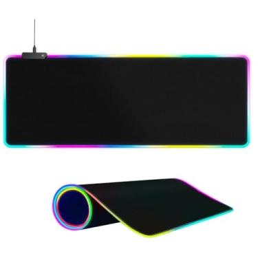 Imagem de Mouse Pad Gamer Extra Grande Estendido RGB LED 80x30cm Macio com Base Antiderrapante Emborrachada, Superfície Speed e Bordas Costuradas - 11 Modos de Iluminação para Jogos