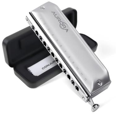 Imagem de CONJURER Gaita cromática com válvula chave C de 12 furos para iniciantes profissionais, crianças, adultos, órgão bucal com estojo, 1248-Aurora Key of C