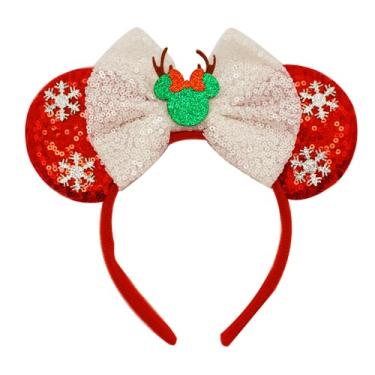 Imagem de Viwind Bandanas de orelha de rato de floco de neve de Natal, tiaras brancas de laço de Natal para mulheres e meninas, faixas de cabelo fofas de chifre de alce para adultos, acessórios de cabelo de fantasia de Natal