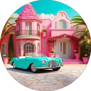 Imagem de Painel De Festa Redondo 1,50x1,50 - Casa de Boneca Rosa com Carro Azul