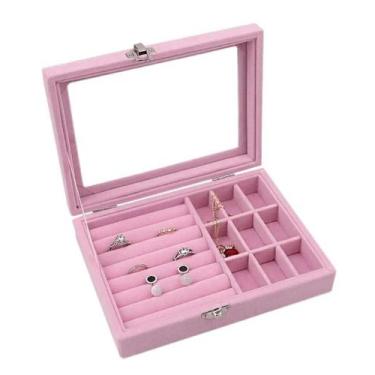 Imagem de Caixa Organizadora Porta Jóias Bijuterias Luxo em Veludo e Tampa de Vi