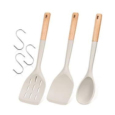 Imagem de Pacote com 3 espátulas de silicone, conjunto de utensílios de cozinha antiaderentes, cabo de madeira, para assar, misturar, grelhar, servir alimentos, resistente ao calor, ganchos não arranhadores incluídos (KHAKI)