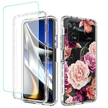 Imagem de Yerebel Capa para Poco X4 Pro 5G, 2201116PG com protetor de tela de vidro temperado, design floral à prova de choque, capa protetora para celular para Xiaomi Poco X4 Pro 5G (flor roxa)