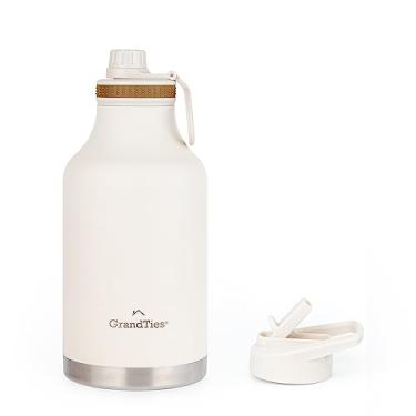 Imagem de GrandTies 2 tampas de garrafas de água esportivas de aço inoxidável – boca larga isolada a vácuo, reutilizável, à prova de vazamento, sem BPA, para viagem, metal, cantil, garrafas térmicas para academia masculina e feminina (branco marfim)