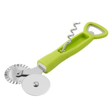 Imagem de Cortador de ravioli 3 em 1 – pizza de aço inoxidável, ferramenta para cortar macarrão – Roda de pastelaria canelada multifuncional com saca-rolhas – Crimpador de massa e abridor de pote com cabo de