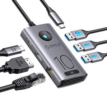 Imagem de Hub USB C de 10 Gbps, estação de ancoragem ORICO 6 em 1 USB-C para HDMI 4K a 60 Hz, USB 3.2 10G, 2 × USB 3.0, PD de 100 W, Gigabit Ethernet para notebooks Dell/Surface/HP/Lenovo