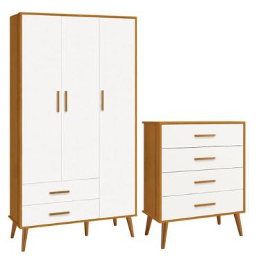 Imagem de Comoda Gaveteiro e Guarda Roupa Isis Retrô 3 Portas 2 Gavetas Branco F